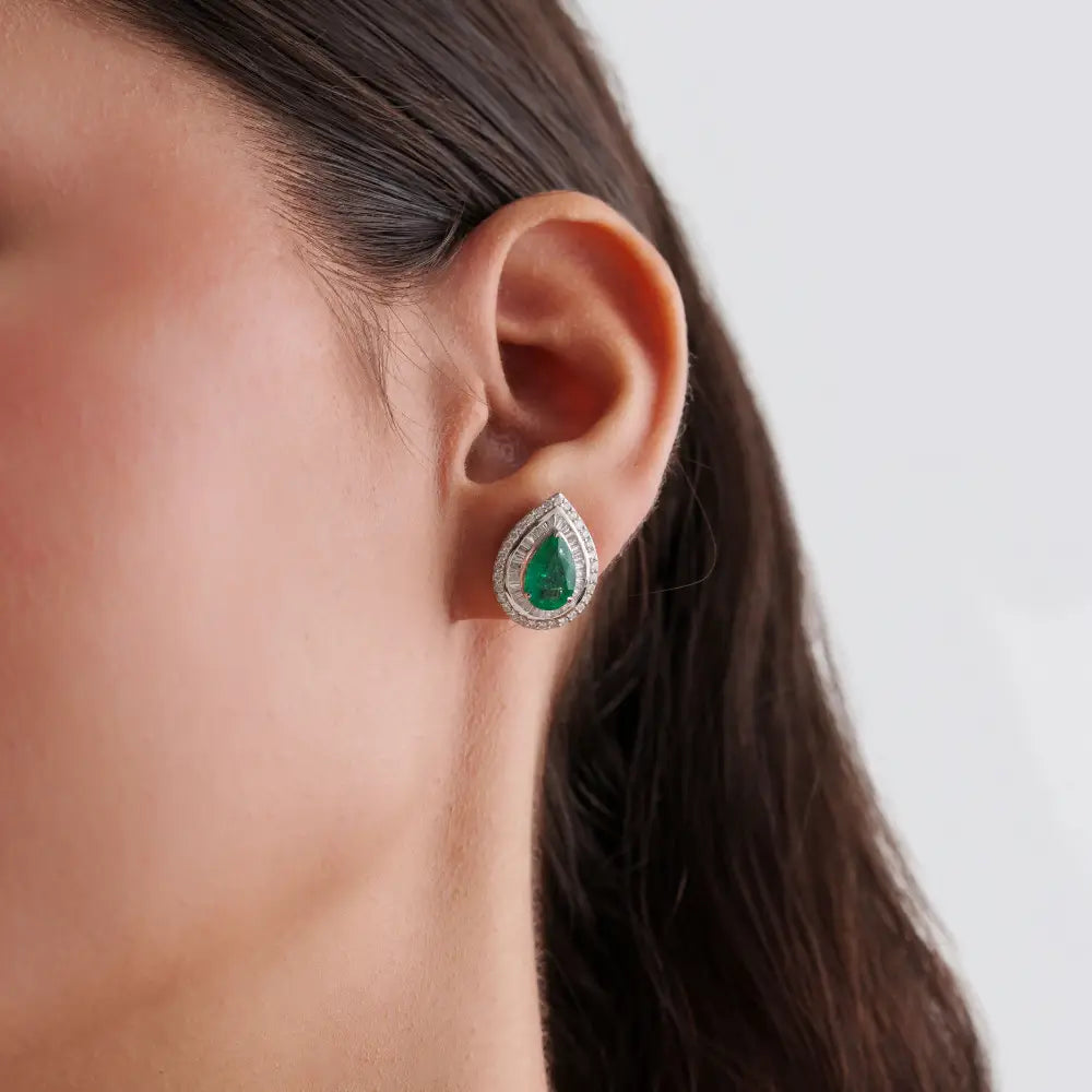 Real 18K White Gold Zambian Emerald & Diamond Pear Shape Double Cluster Stud Earrings