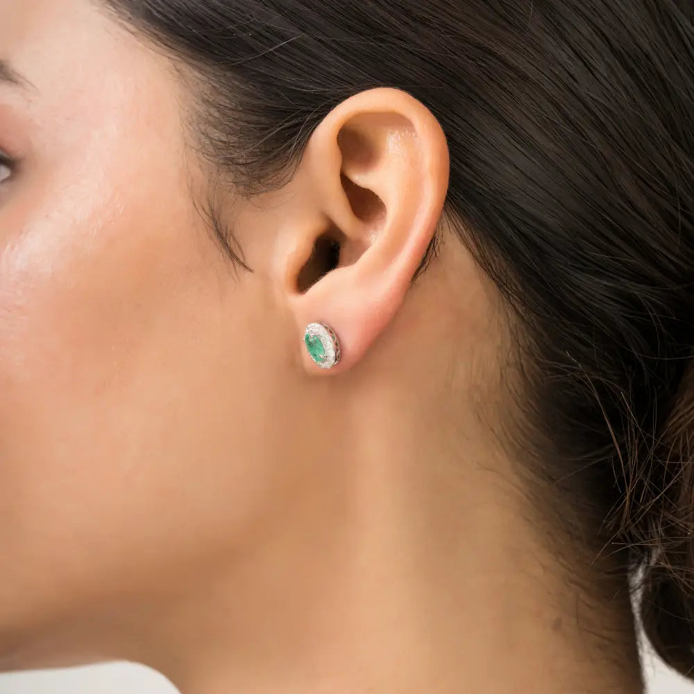 Oval Shape Emerald & Round Cut Diamond Halo Stud Earrings Minimal 14K White Gold Jewelry