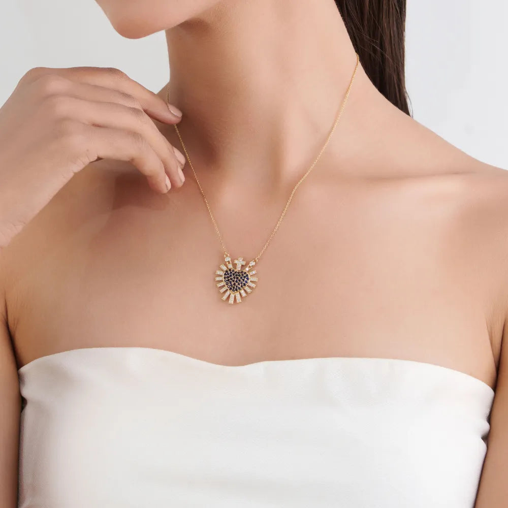 Gorgeous Blue Sapphire & Diamond Sacred Heart Sunburst Pendant Necklace 14K Solid Yellow Gold Jewelry