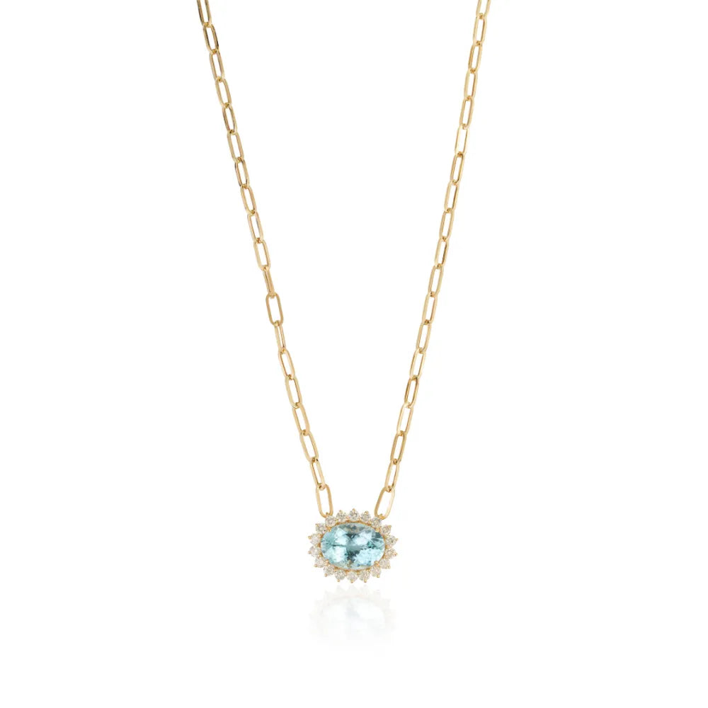 Oval Shape Aquamarine & Round Cut Diamond Bold Cluster Paperclip Chain Pendant Necklace 14K Yellow Gold