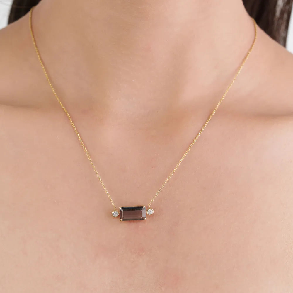 Fine Gemstone Tourmaline & Diamond Solid K14 Yellow Gold Stackable Pendant Necklace Latest Design Jewelry
