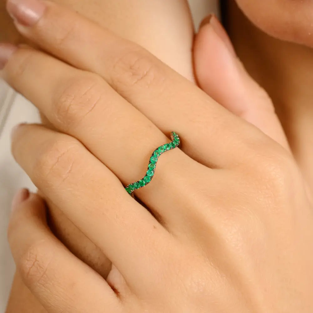 Round Cut Zambian Emerald 14K Solid White Gold Stacking Wavy Band Ring Designer Jewelry