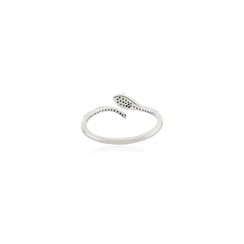 Round Cut Emerald & Black Diamond Minimal Snake Ring 18K Real White Gold Dainty Jewelry