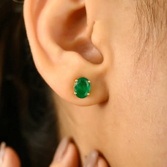 Minimalist 14K Yellow Gold Oval Shape Emerald Stud Earrings For Daily Wear Women's Jewelry