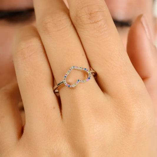 Colorful Gemstone Multi Sapphire Heart Shape Promise Ring Real K14 White Gold Anniversary Gift