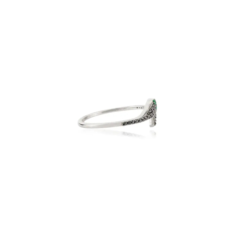 Round Cut Emerald & Black Diamond Minimal Snake Ring 18K Real White Gold Dainty Jewelry