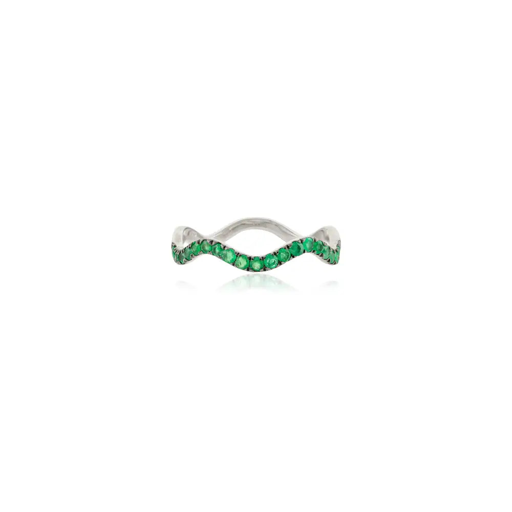 Round Cut Zambian Emerald 14K Solid White Gold Stacking Wavy Band Ring Designer Jewelry