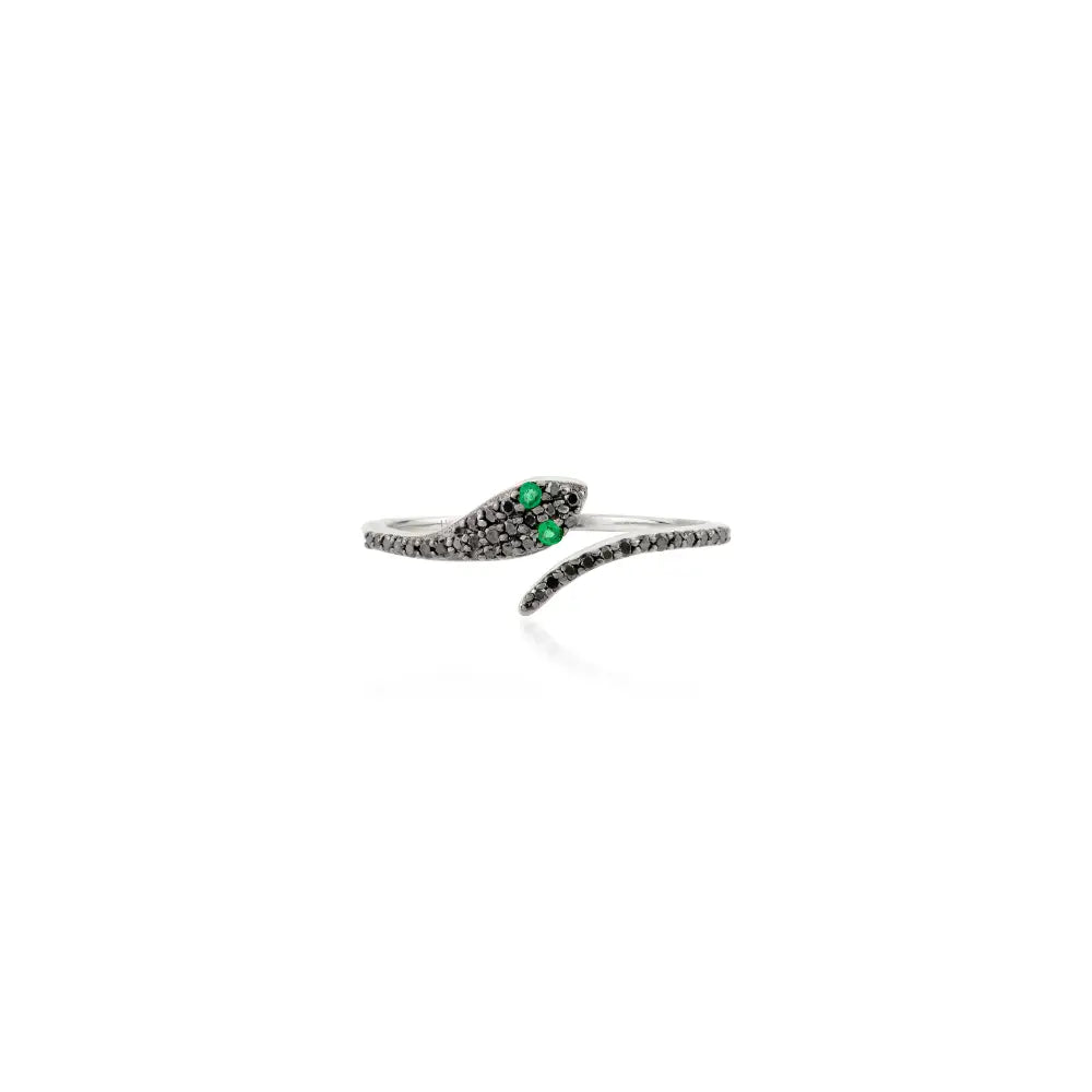 Round Cut Emerald & Black Diamond Minimal Snake Ring 18K Real White Gold Dainty Jewelry