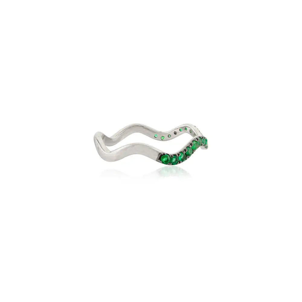 Round Cut Zambian Emerald 14K Solid White Gold Stacking Wavy Band Ring Designer Jewelry