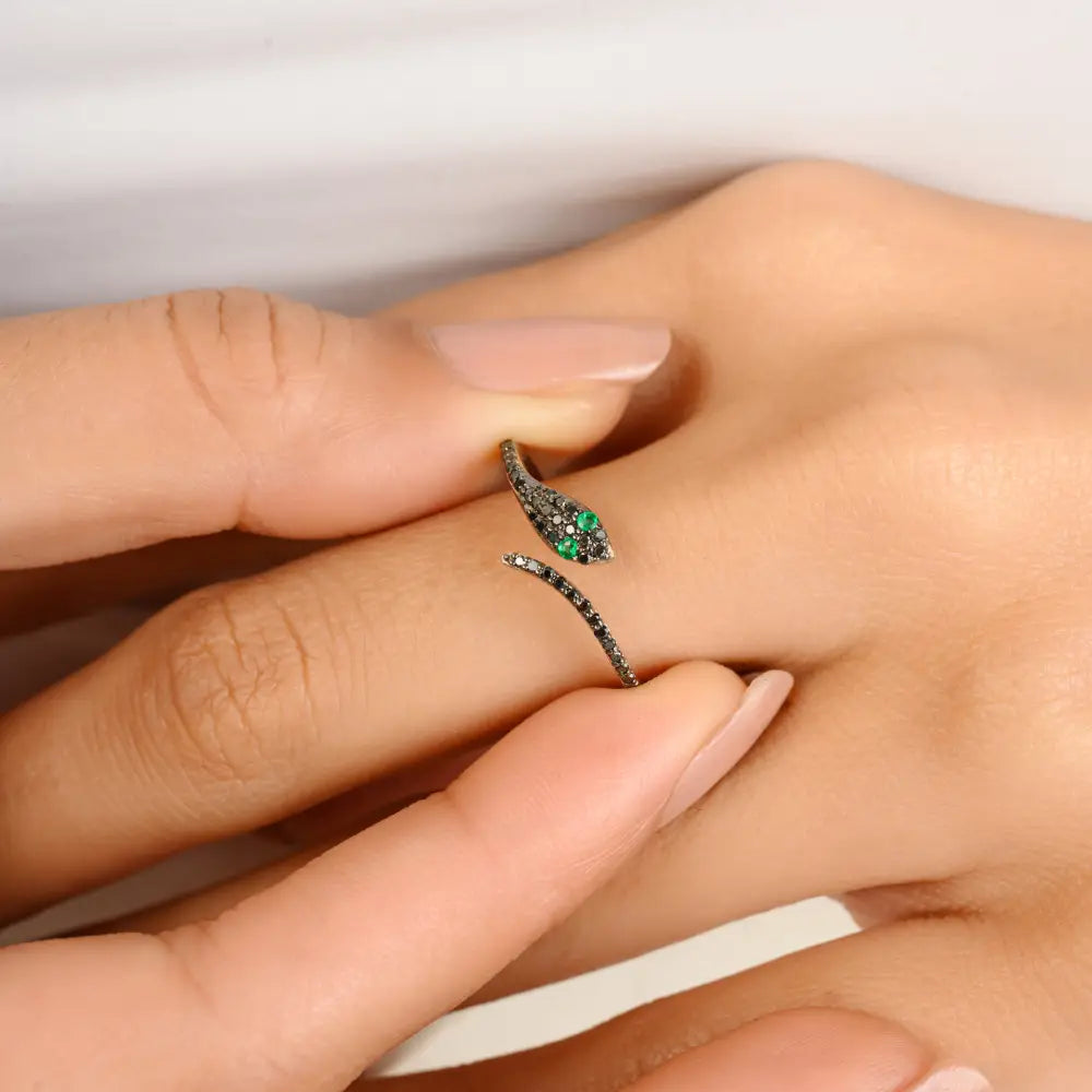 Round Cut Emerald & Black Diamond Minimal Snake Ring 18K Real White Gold Dainty Jewelry
