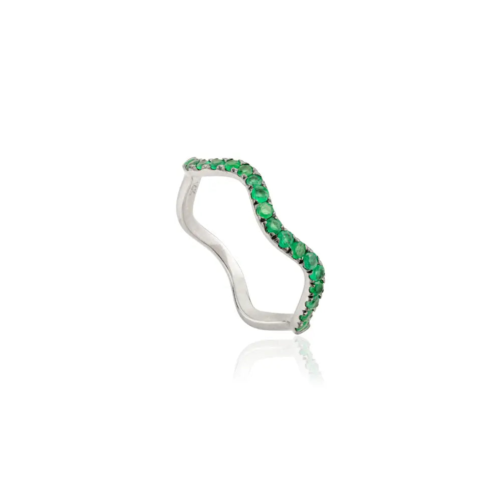 Round Cut Zambian Emerald 14K Solid White Gold Stacking Wavy Band Ring Designer Jewelry