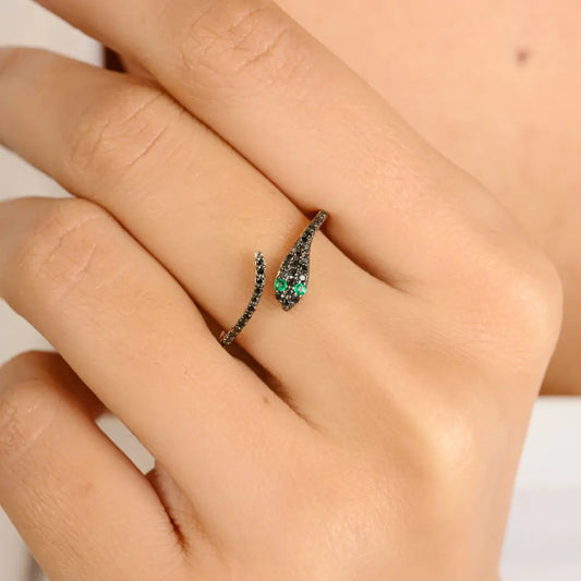 Round Cut Emerald & Black Diamond Minimal Snake Ring 18K Real White Gold Dainty Jewelry