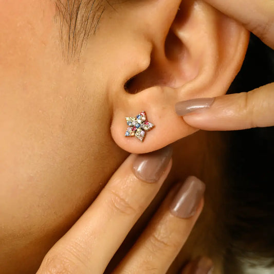 Real 14K White Gold Multi Sapphire Star Shape Stud Earrings Birthstone Jewelry Manufacturer