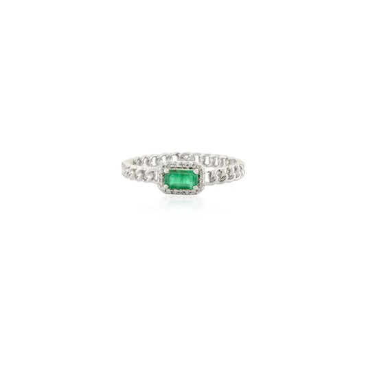 Zambian Emerald & Diamond 14K White Gold Halo Cuban Chain Band Ring Stackable Jewelry