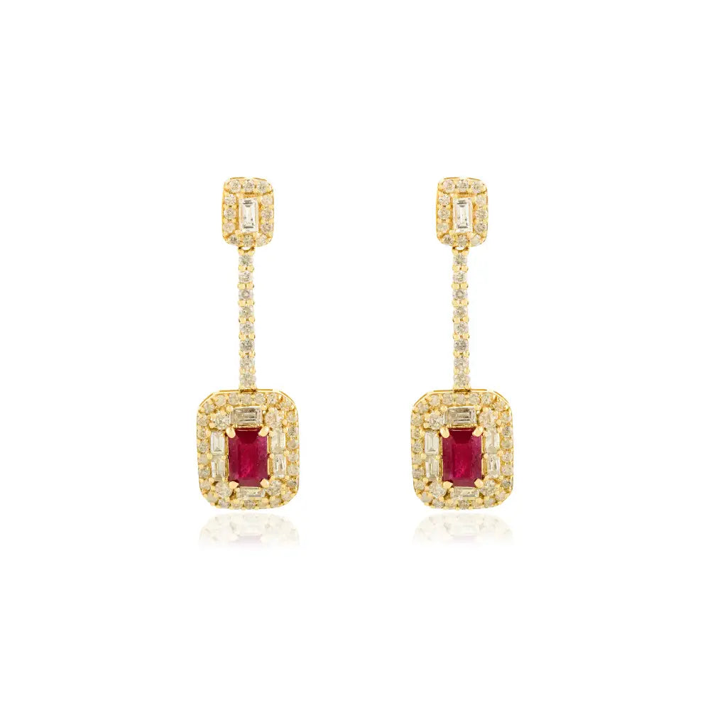 July Birthstone Ruby & Diamond 14K Yellow Gold Drop Earrings For Women Anniversary Gift