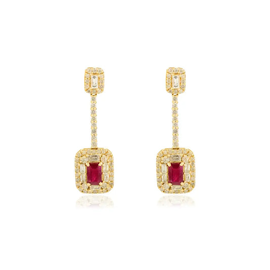 July Birthstone Ruby & Diamond 14K Yellow Gold Drop Earrings For Women Anniversary Gift