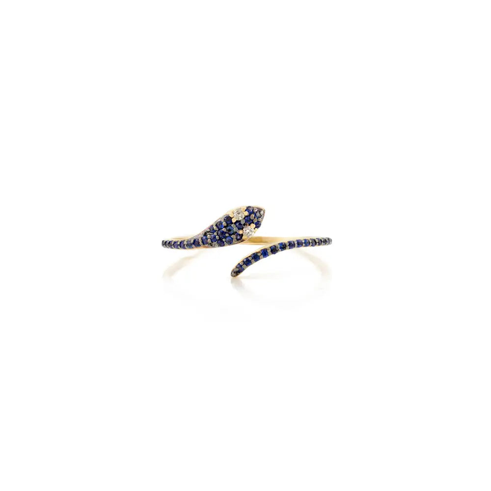Unique Design Blue Sapphire & Diamond Pave Set Snake Ring Pure K14 Yellow Gold Minimal Jewelry