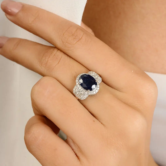 Wedding Wholesale Jewelry 14K Solid Gold Blue Sapphire & Diamond Statement Ring Unisex