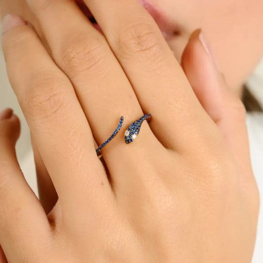 Unique Design Blue Sapphire & Diamond Pave Set Snake Ring Pure K14 Yellow Gold Minimal Jewelry