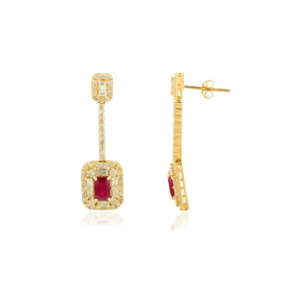 July Birthstone Ruby & Diamond 14K Yellow Gold Drop Earrings For Women Anniversary Gift