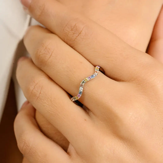 Colorful Gemstone Multi Sapphire Stacking Wavy Band Ring Solid K14 White Gold Jewelry