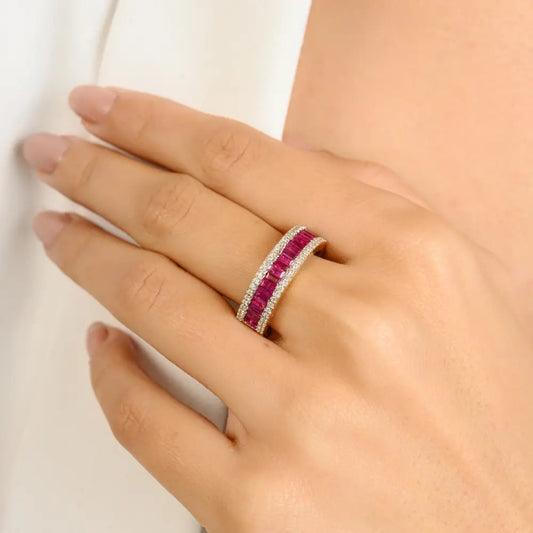 Channel Set Genuine Ruby & Diamond Wholesale 14K Yellow Gold Wedding Band Ring Women