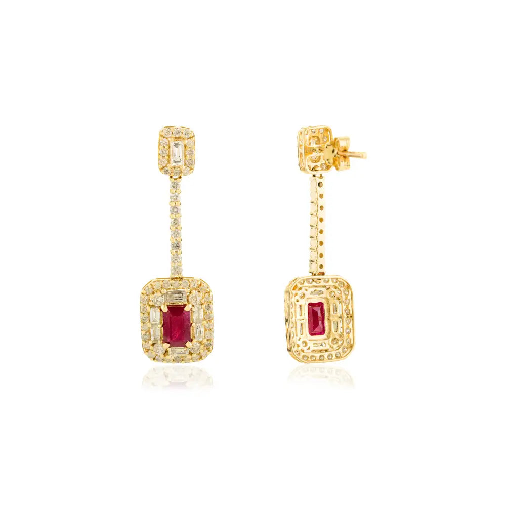 July Birthstone Ruby & Diamond 14K Yellow Gold Drop Earrings For Women Anniversary Gift