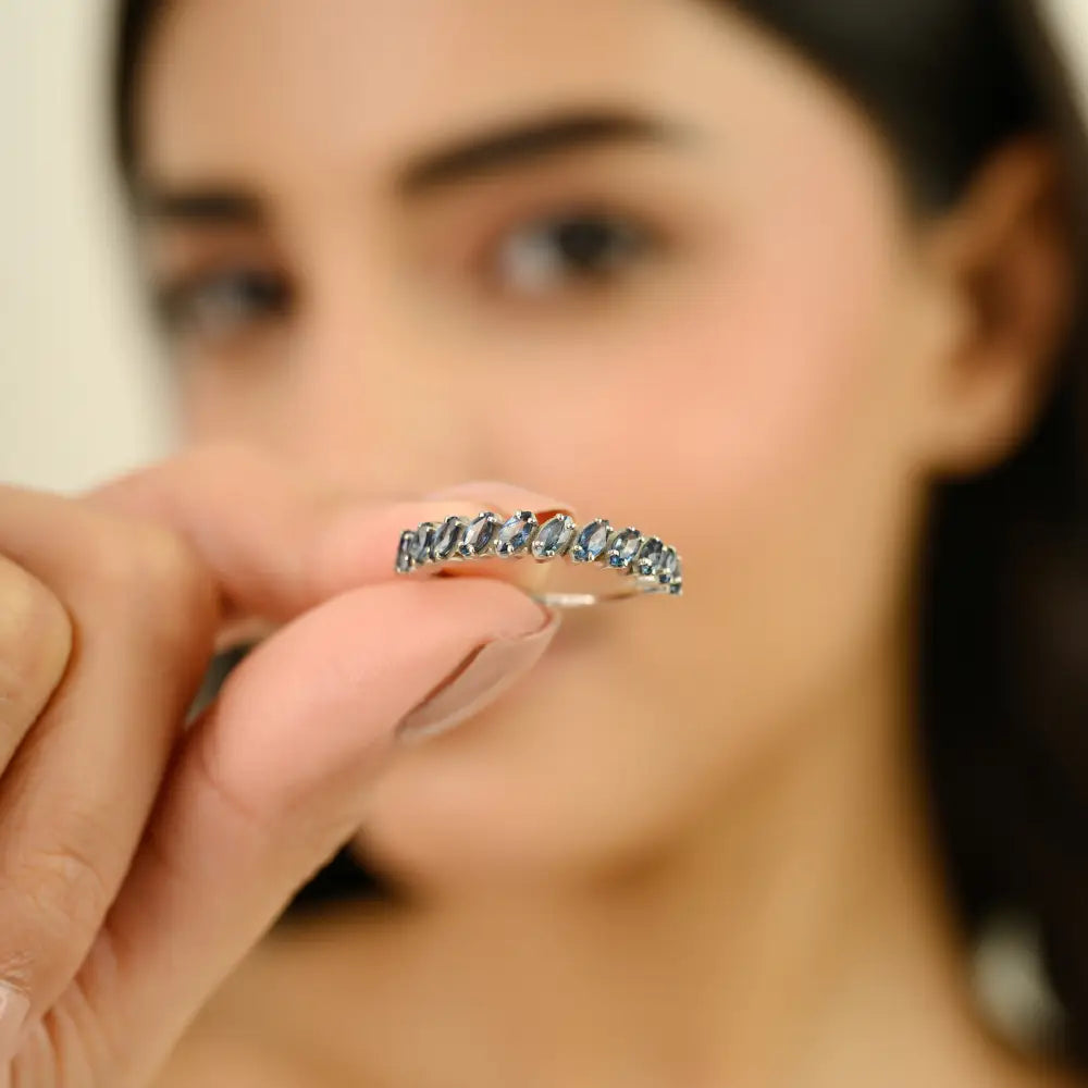 Elegance Style Marquise Shape Blue Sapphire Half Eternity Band Ring K14 White Gold Jewelry
