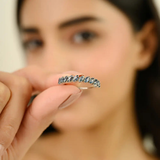 Elegance Style Marquise Shape Blue Sapphire Half Eternity Band Ring K14 White Gold Jewelry