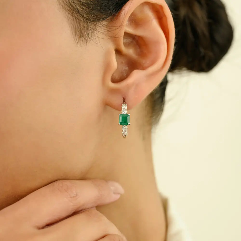 Prong Setting Emerald & Diamond K14 White Gold Everyday Hoop Earrings For Women Gift
