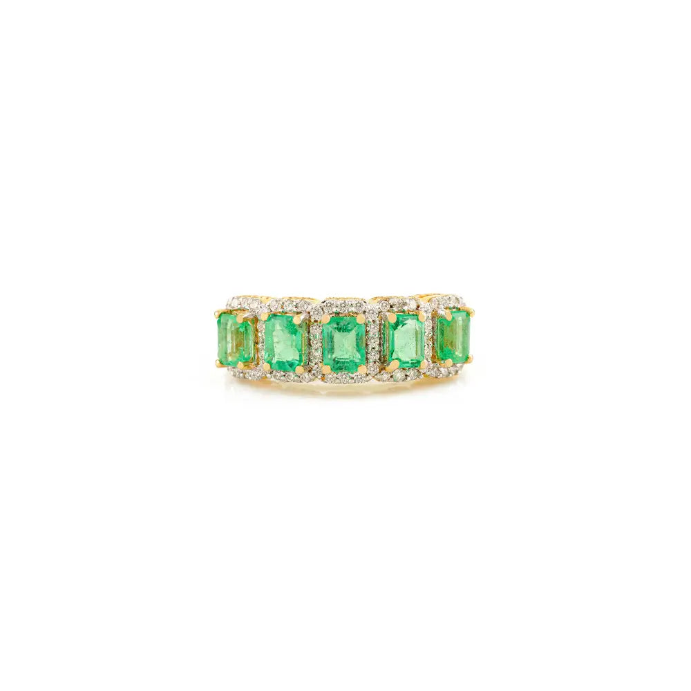 Solid K14 Yellow Gold Natural Emerald & Diamond Halo Half Eternity Band Ring Engagement Jewelry
