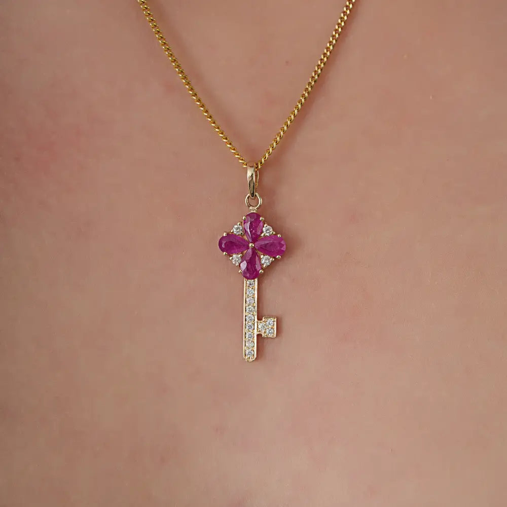 Unique Design 14K Yellow Gold Genuine Ruby & Diamond Key Pendant Customized Jewelry