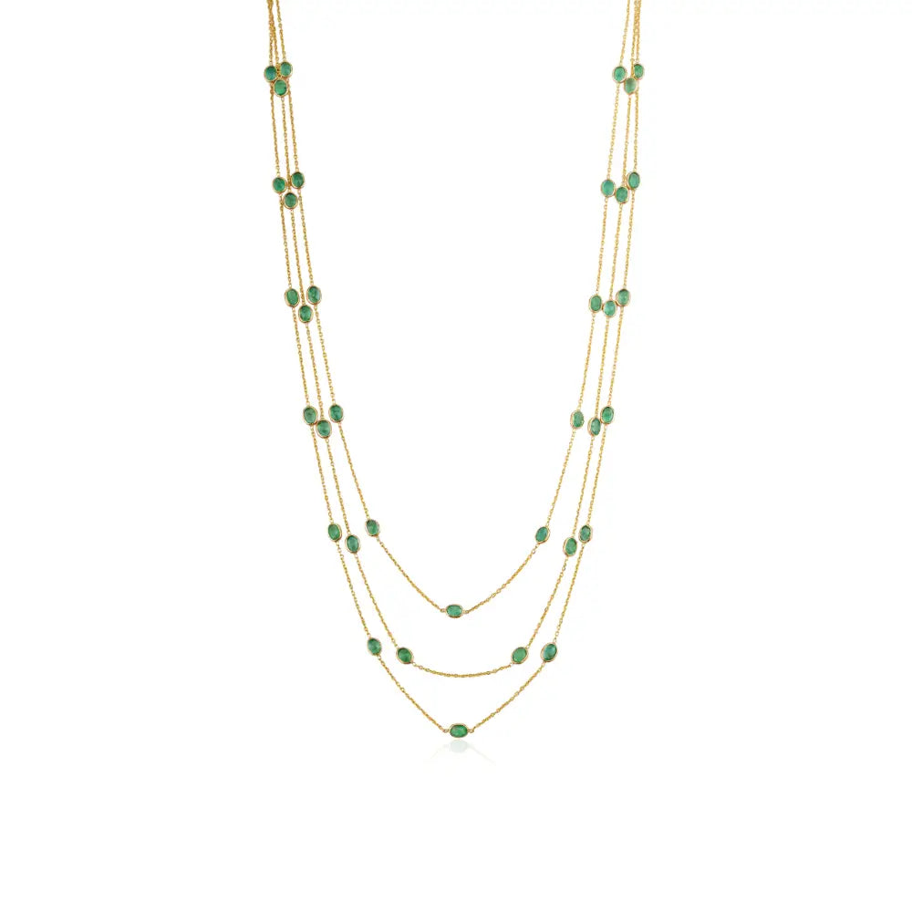 Luxury Women's Emerald Gemstone Triple Layer Station Chain Necklace 14K Yellow Gold