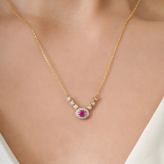 100% Genuine Ruby & Diamond Halo Pendant Necklace K14 Real Yellow Gold Fine Jewelry