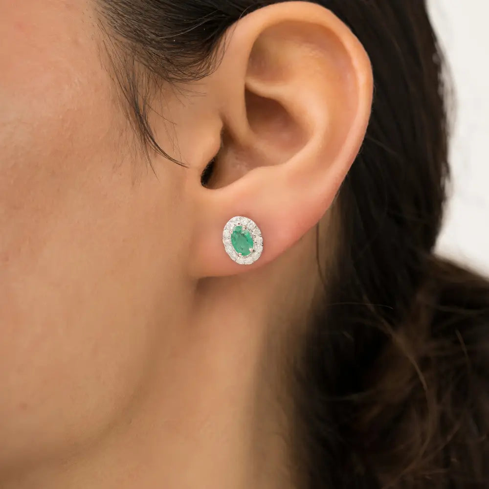 Oval Shape Emerald & Round Cut Diamond Halo Stud Earrings Minimal 14K White Gold Jewelry
