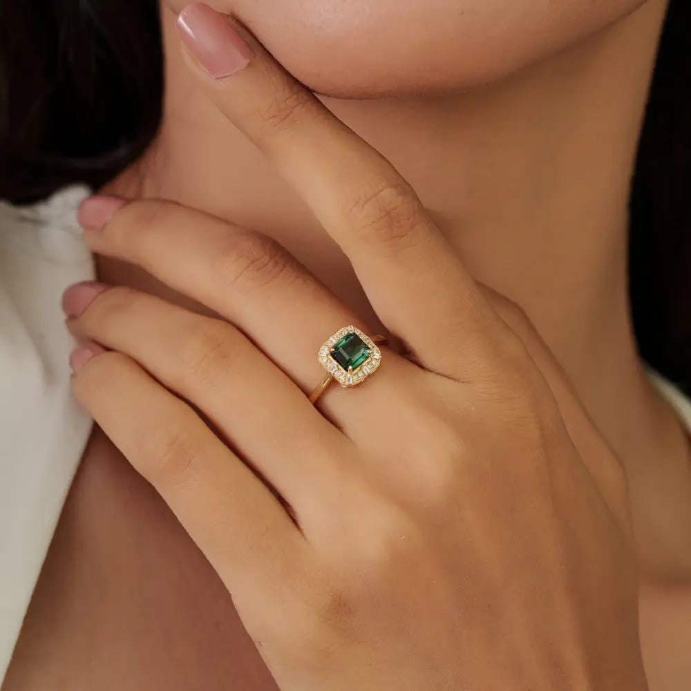 14K Real Yellow Gold Green Tourmaline & Diamond Halo Minimal Ring Stackable Jewelry