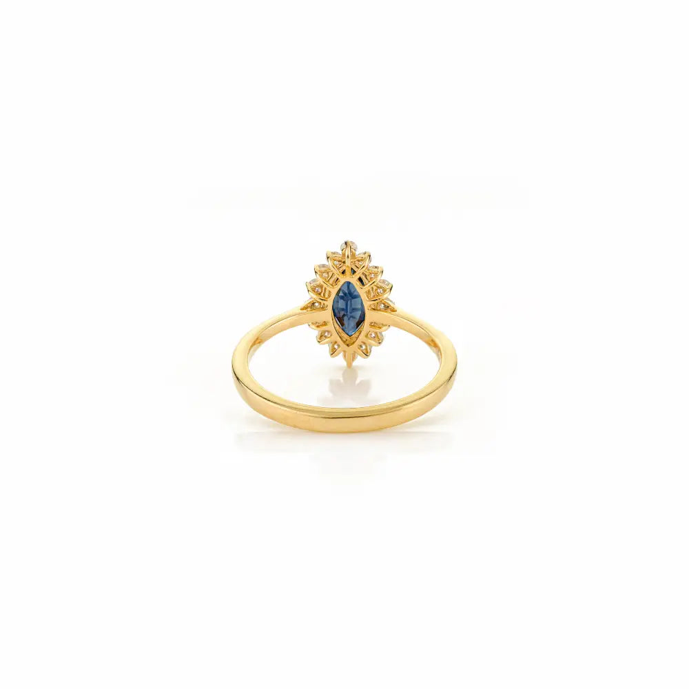 Unique Blue Sapphire & Diamond Marquise Shape Cluster Ring Unisex Real K18 Yellow Gold