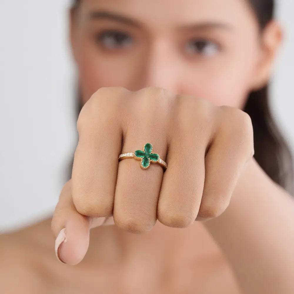 Latest Design 14K Pure Yellow Gold Emerald & Diamond Four Leaf Clover Ring Stack Jewelry