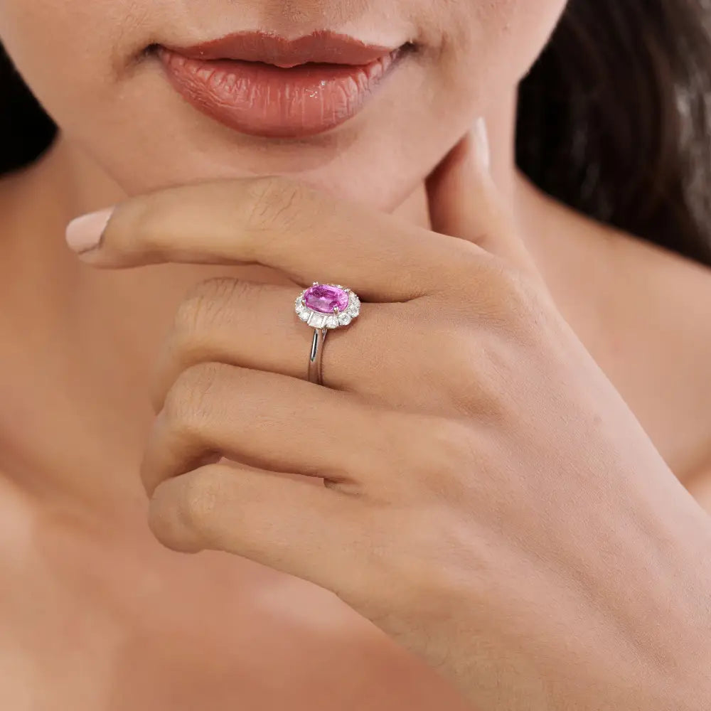 100% Natural Pink Sapphire & Diamond 18K White Gold Statement Halo Ring Birthstone Jewelry