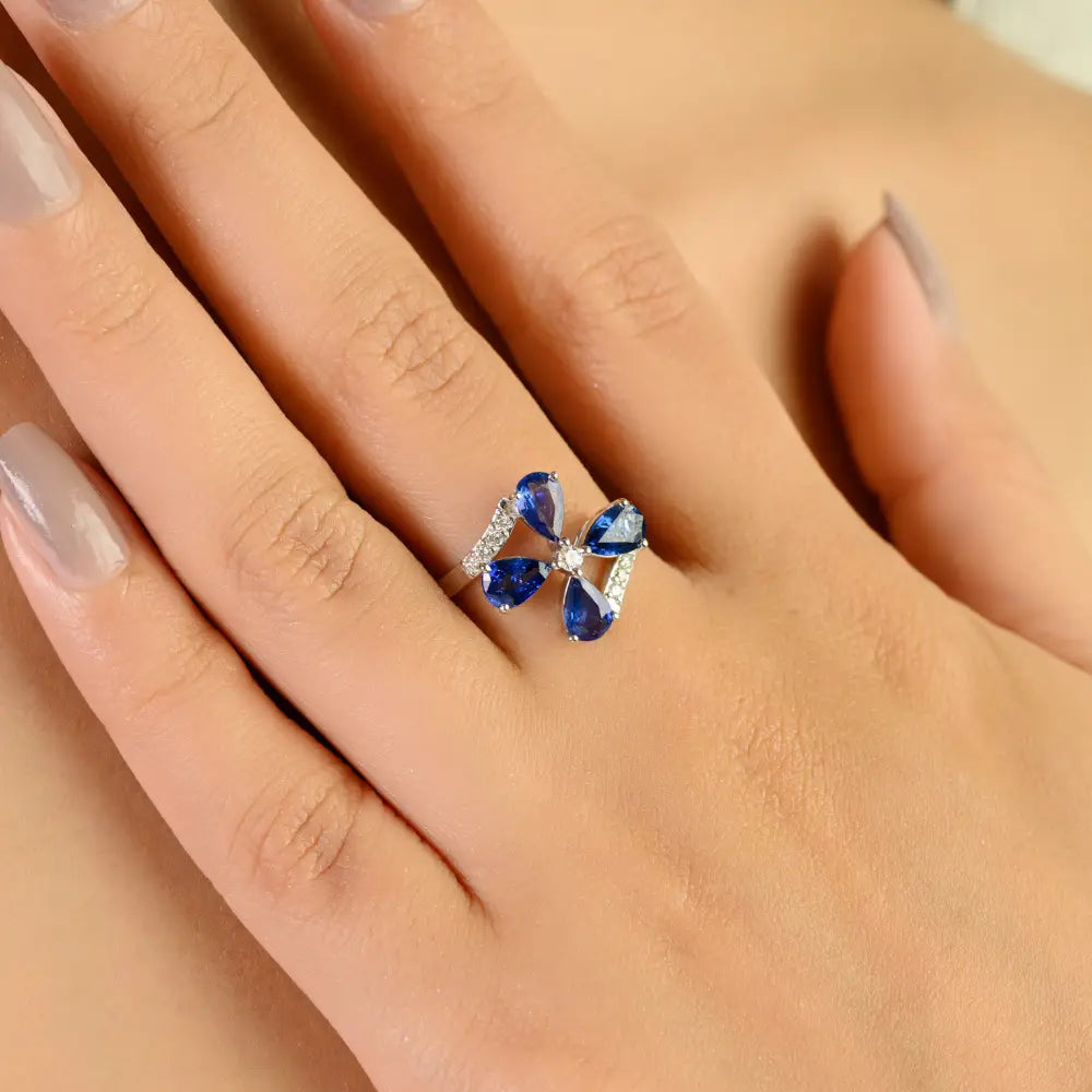 Unique Design 14K Real White Gold Blue Sapphire & Diamond Fine Flower Ring For Wedding