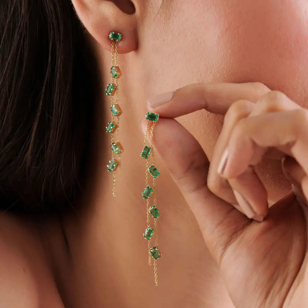Pinion Bezel Set Emerald 14K Real Yellow Gold Double Link Chain Long Dangle Earrings