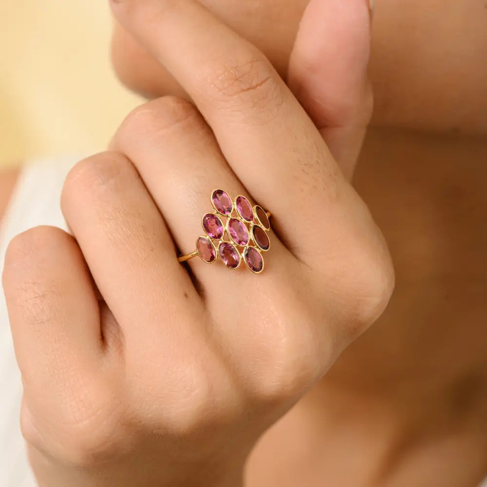 Trending Jewelry 18K Yellow Gold Oval Cut Pink Tourmaline Cluster Ring