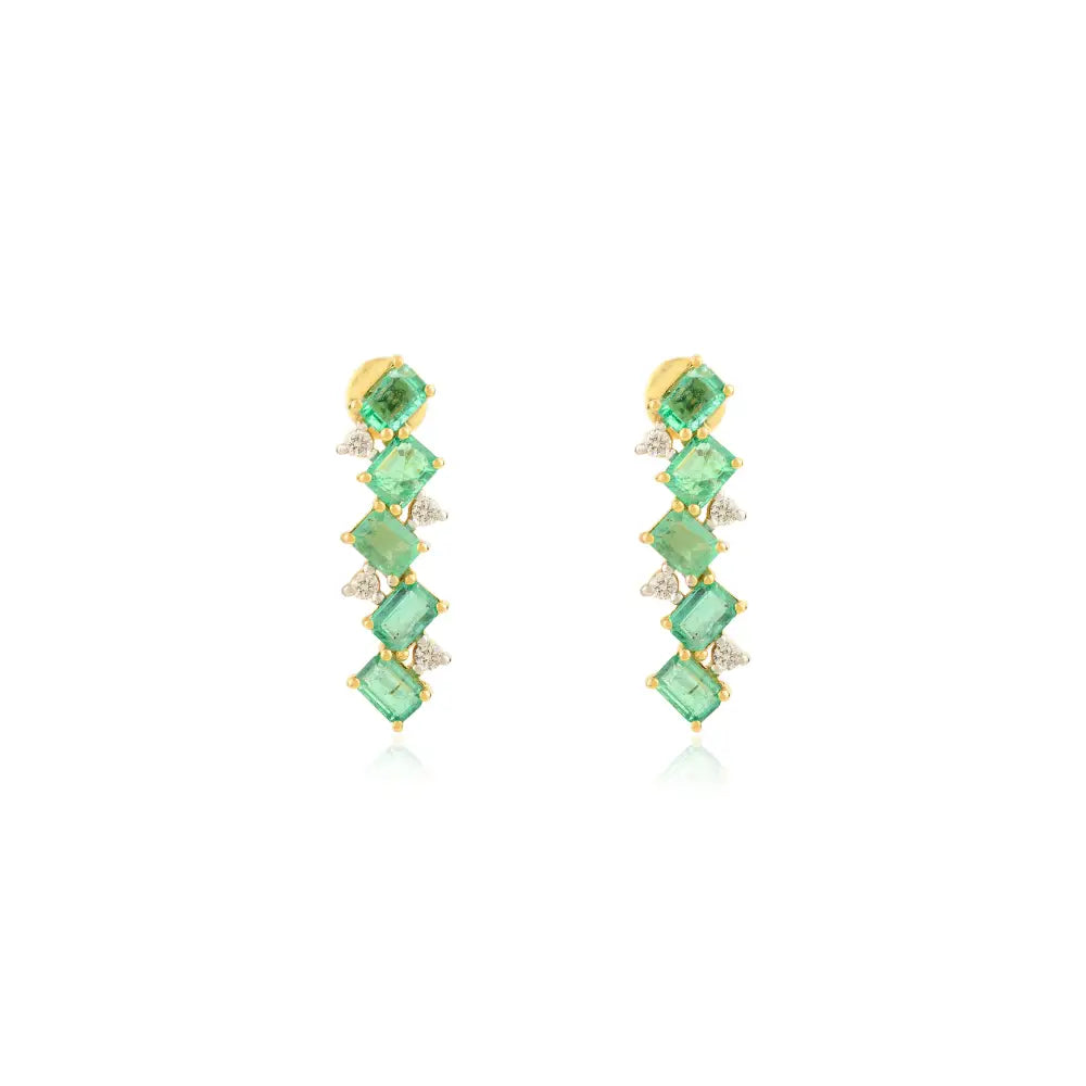 Octagon Cut Emerald & Round Diamond Zig Zag Shape Stud Earrings 14K Yellow Gold