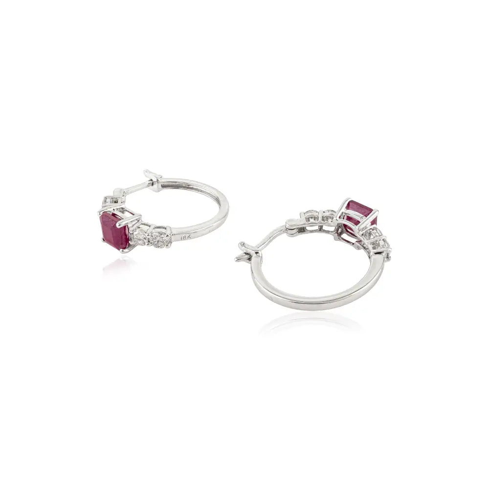 5x5 mm Square Shape Real Ruby & Diamond K18 White Gold Women Hoop Earrings Fine Jewelry