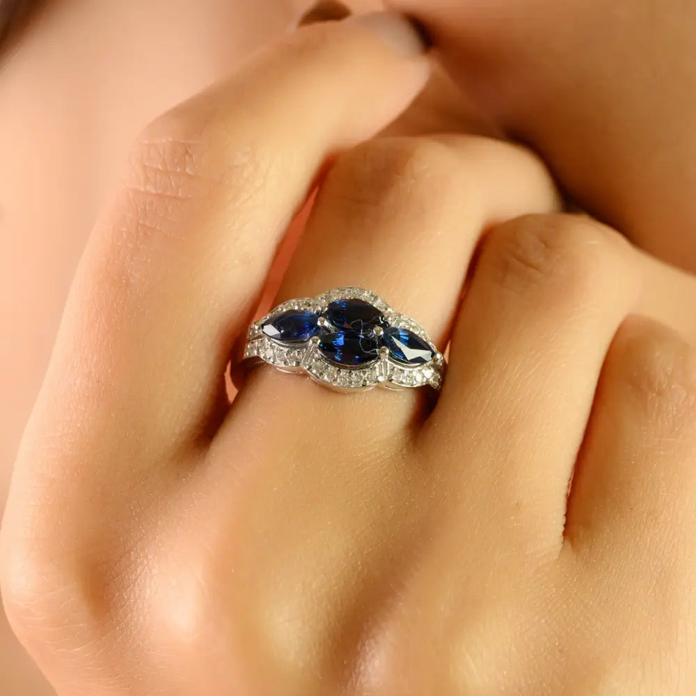 Unique Designer Blue Sapphire & Diamond Vintage Style Gemstone Ring Solid 14K Gold