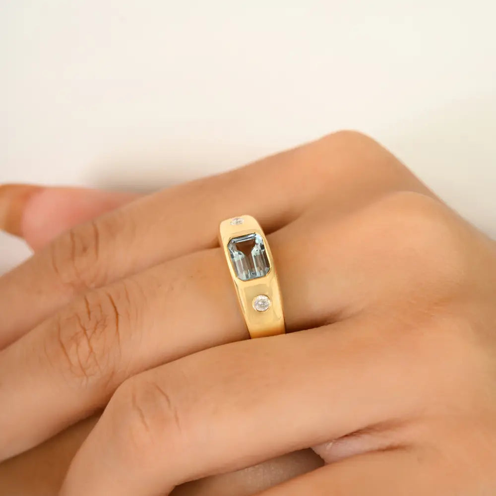 March Birthstone Aquamarine & Diamond Chunky Signet Ring 18K Gold Wedding Jewelry