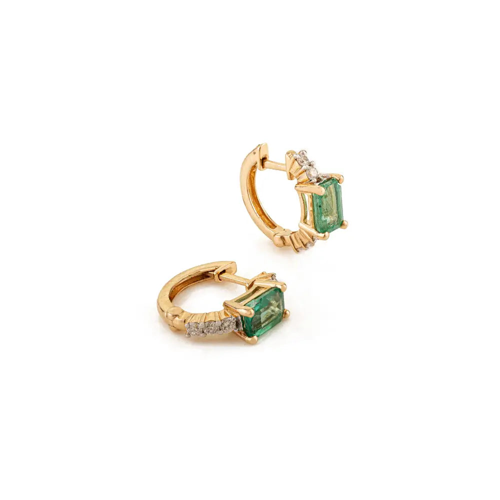 Natural Gemstone Zambian Emerald & Diamond Minimal Hoop Earrings Women 14K Real Gold