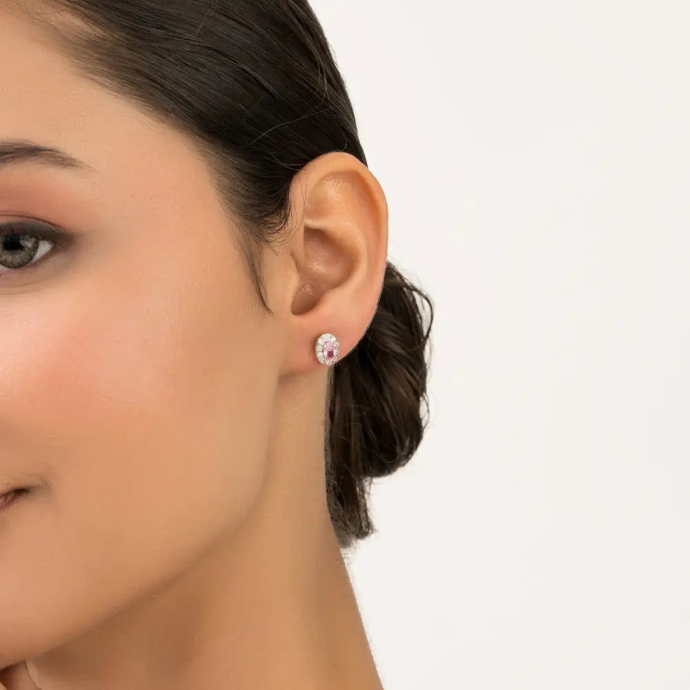 Natural Pink Sapphire & Diamond  Minimal Dainty Halo Stud Earrings K14 Solid Yellow Gold