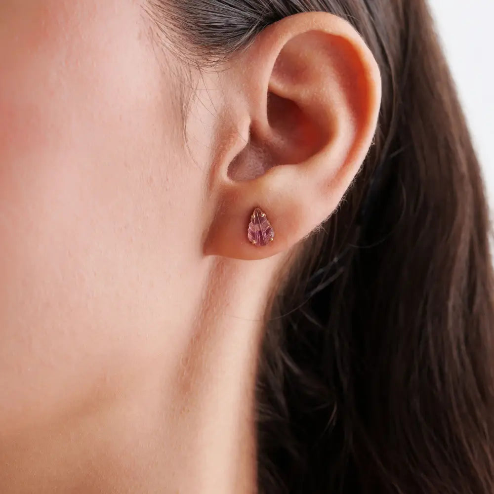 Prong Set Pink Tourmaline Handmade Carving Leaf Shape Stud Earrings 14K Yellow Gold