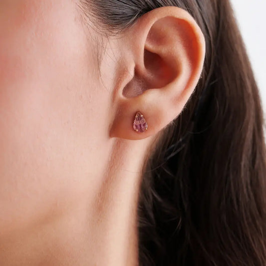 Prong Set Pink Tourmaline Handmade Carving Leaf Shape Stud Earrings 14K Yellow Gold